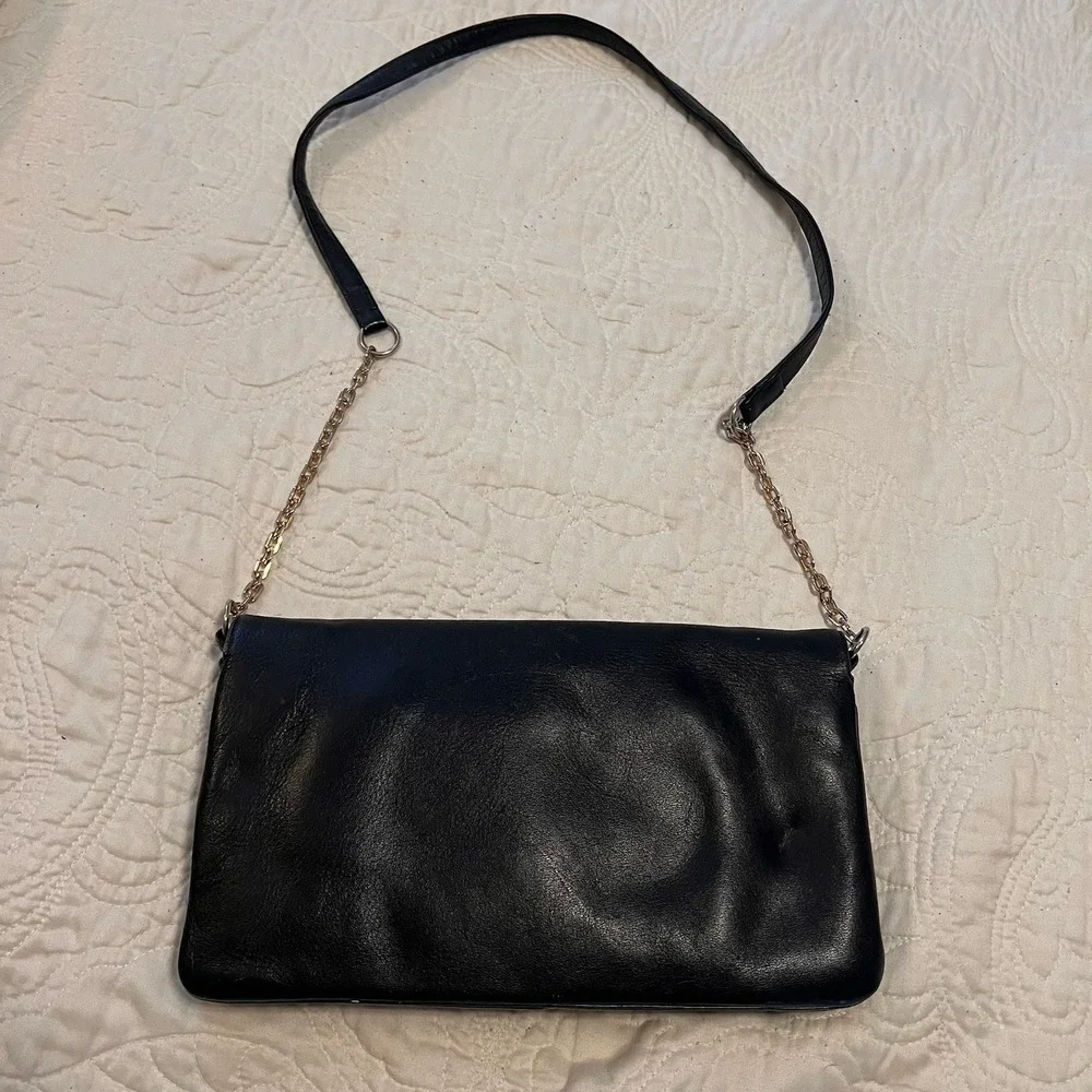 Vintage 90s Black Leather Shoulder Handbag Rectangle Minimalist Classy Old Money